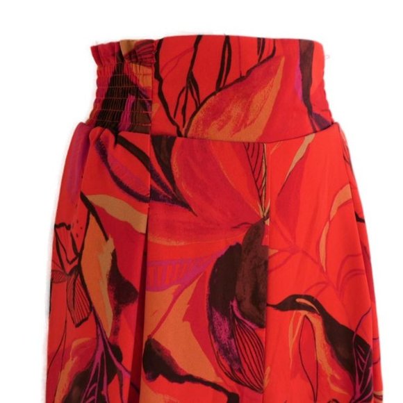 Red Floral High Rise Wide Leg Pants Pull On Smocked Elastic Waistband Pleated M - Picture 2 of 6